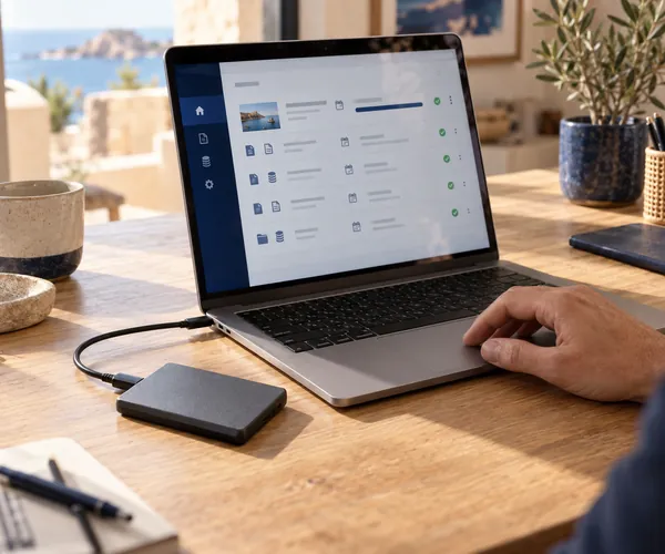 Backup einer Website auf externer Festplatte mit Meerblick