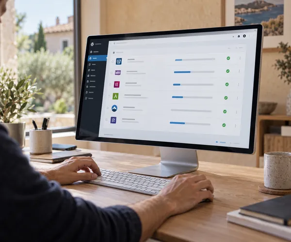WordPress-Updates am Schreibtisch mit Blick auf Mallorca